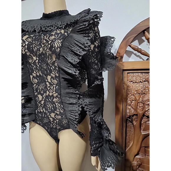 The Sang ~ Dramatic Ruffles Lace Black Size L Ladies Bodysuit Zip Back #01 - Picture 2 of 13